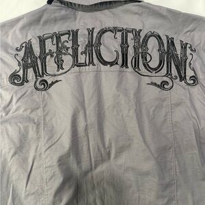 AFFLICTION Y2K Embroidered Button Up Shirt Gothic Skull Dragon Western Grunge